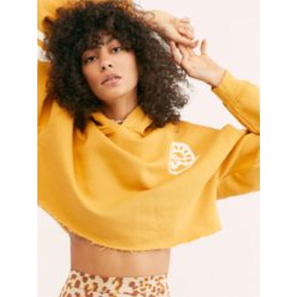 Free People Tops - NWT Free People Baldwin Graphic Crop Hood Sweater Hoodie Sky Canary Yellow Large